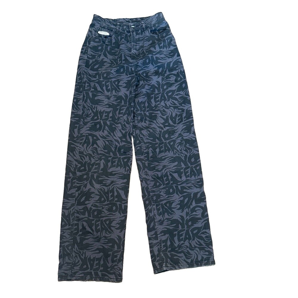 No Fear x H&M Flame Print Wide Leg Jeans Size 2 Black Grey All Over Print Y2K